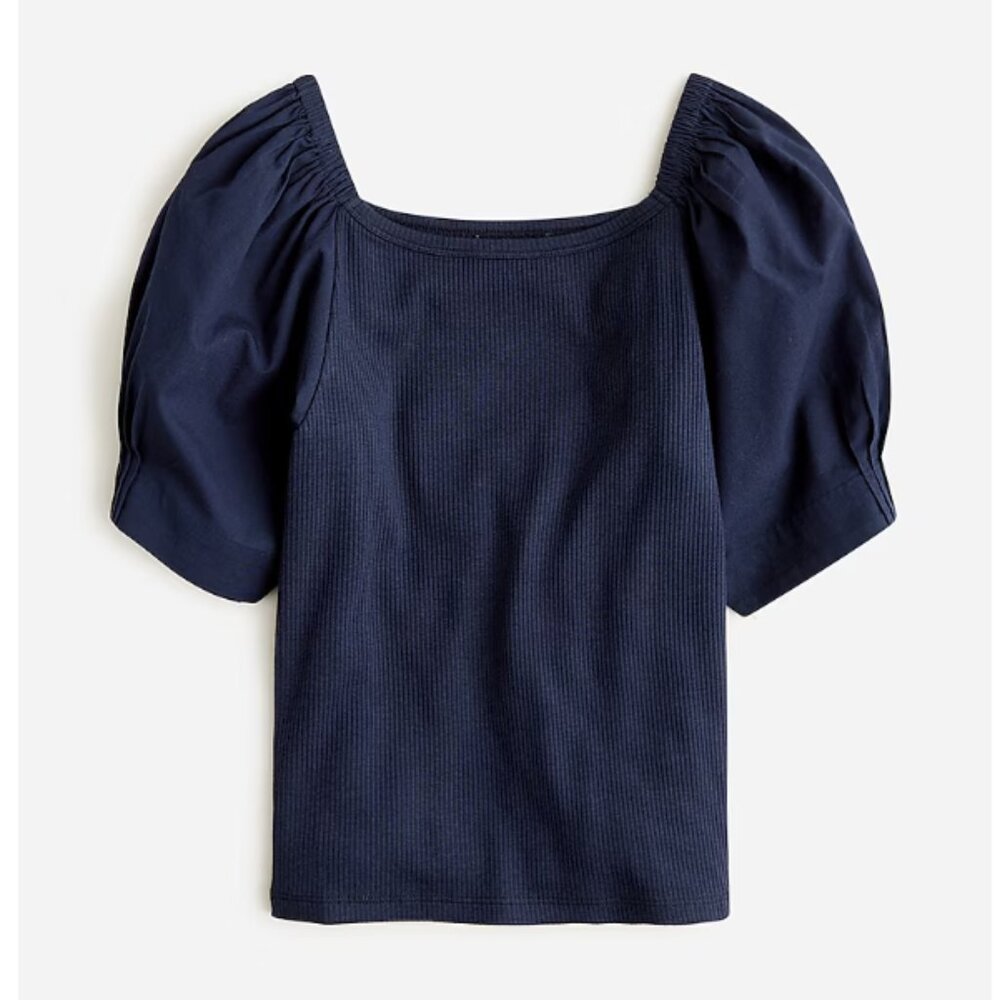 J. Crew Vintage rib top with cotton poplin puff sleeves in Navy 3x
